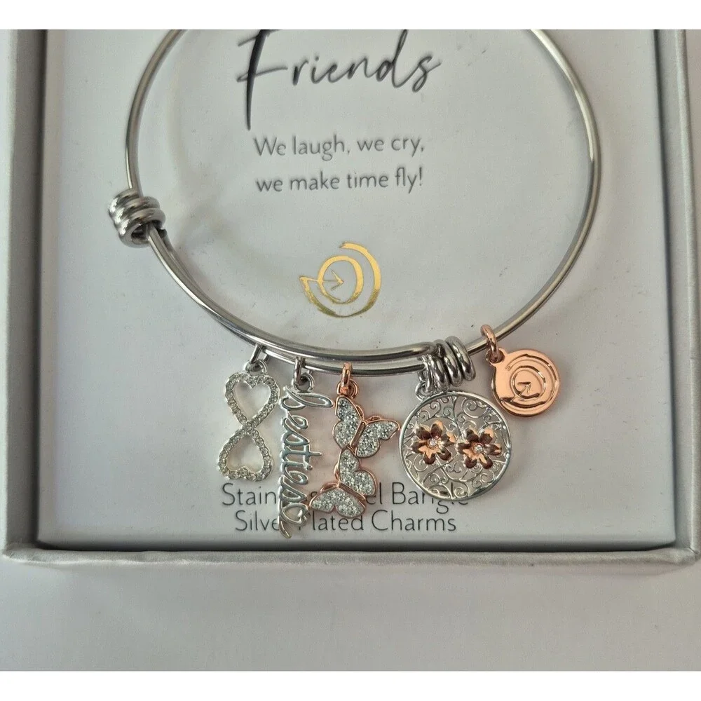 Love This Life Stainless Steel Silver Plated Adj Besties Charms Bangle Bracelet